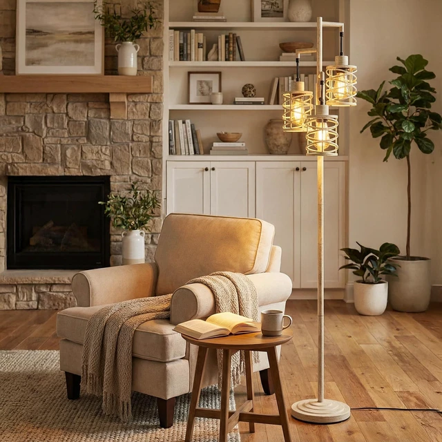 Alt view image 7 of 7 - 70" Industrial Floor Lamp, Stepless Dimmable Standing Lamp with 3 Bulbs, Farmhouse Corner Standing Tree Lamp for Living Room, Tall Lamps for Bedroom, Office, Dining Room, Antique Beige White