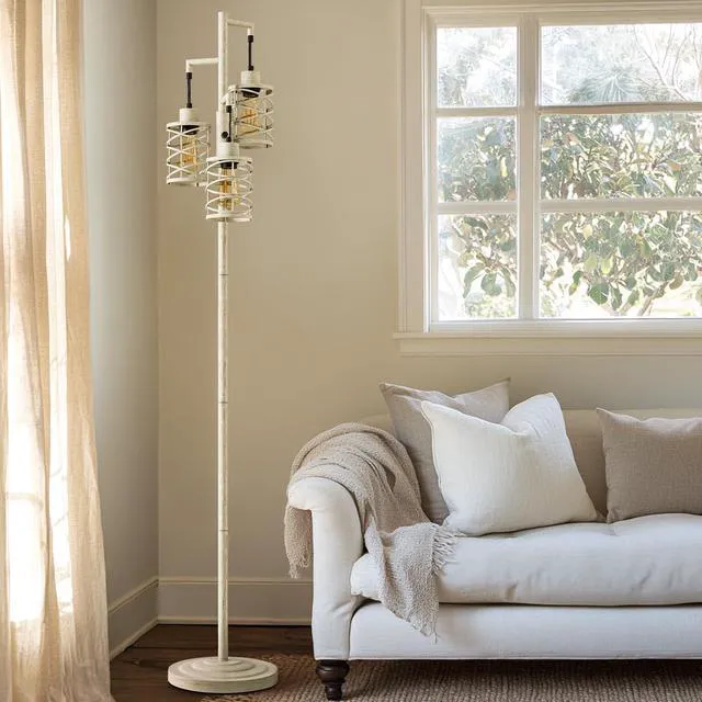 Alt view image 6 of 7 - 70" Industrial Floor Lamp, Stepless Dimmable Standing Lamp with 3 Bulbs, Farmhouse Corner Standing Tree Lamp for Living Room, Tall Lamps for Bedroom, Office, Dining Room, Antique Beige White