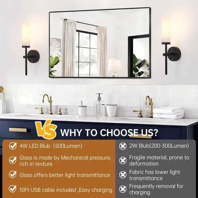 Alt view image 4 of 7 - Battery Operated Wall Sconces Set of 2, Black Rechargeable Wall Lighting Fixtures, Dimmable Wall Lights with Remote & Opal Glass Shade for Living Room, Bathroom,Bedroom