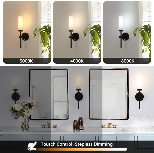 Alt view image 3 of 7 - Battery Operated Wall Sconces Set of 2, Black Rechargeable Wall Lighting Fixtures, Dimmable Wall Lights with Remote & Opal Glass Shade for Living Room, Bathroom,Bedroom