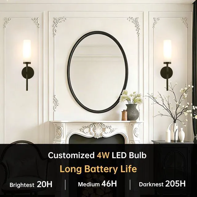 Alt view image 2 of 7 - Battery Operated Wall Sconces Set of 2, Black Rechargeable Wall Lighting Fixtures, Dimmable Wall Lights with Remote & Opal Glass Shade for Living Room, Bathroom,Bedroom