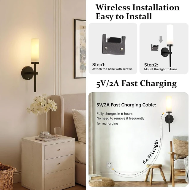 Alt view image 6 of 7 - Battery Operated Wall Sconces Set of 2, Black Rechargeable Wall Lighting Fixtures, Dimmable Wall Lights with Remote & Opal Glass Shade for Living Room, Bathroom,Bedroom