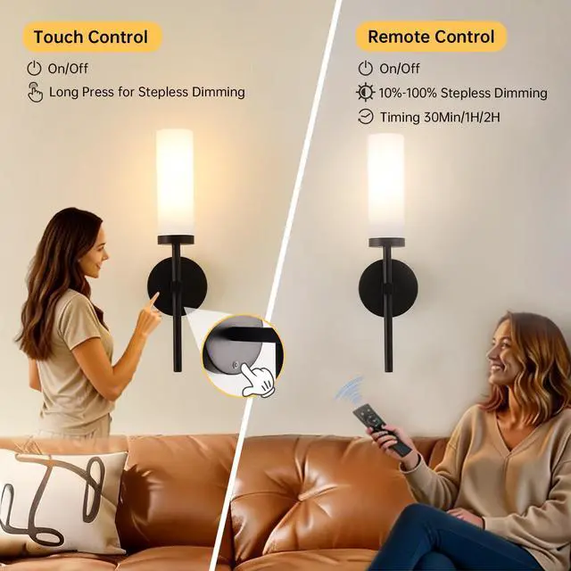 Alt view image 5 of 7 - Battery Operated Wall Sconces Set of 2, Black Rechargeable Wall Lighting Fixtures, Dimmable Wall Lights with Remote & Opal Glass Shade for Living Room, Bathroom,Bedroom