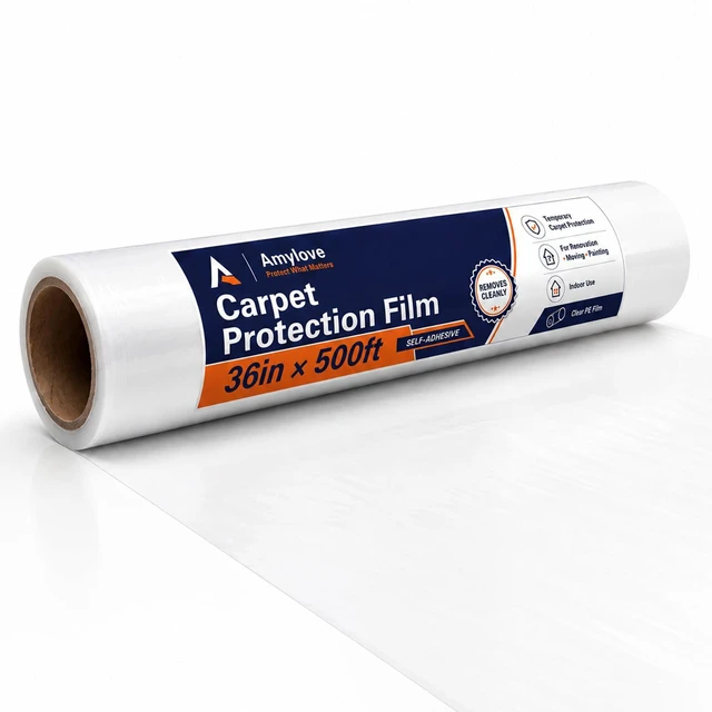 Main image of 36 Inch X 500 ft Carpet Plastic Protection Film, Transparent Self-adhesive Floors Protector, Heavy Duty Tear Resistant Design for Stairs Rugs Runner Hallways and Pets Moving/renovation