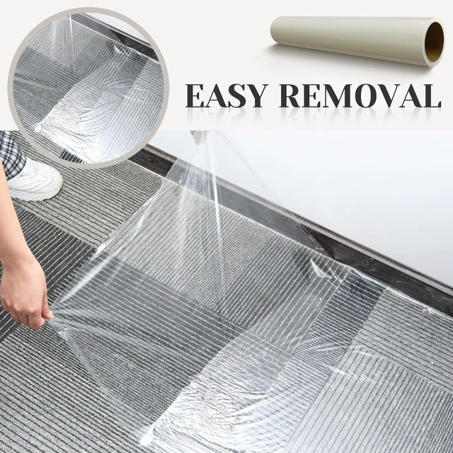 Alt view image 3 of 6 - 36 Inch X 500 ft Carpet Plastic Protection Film, Transparent Self-adhesive Floors Protector, Heavy Duty Tear Resistant Design for Stairs Rugs Runner Hallways and Pets Moving/renovation