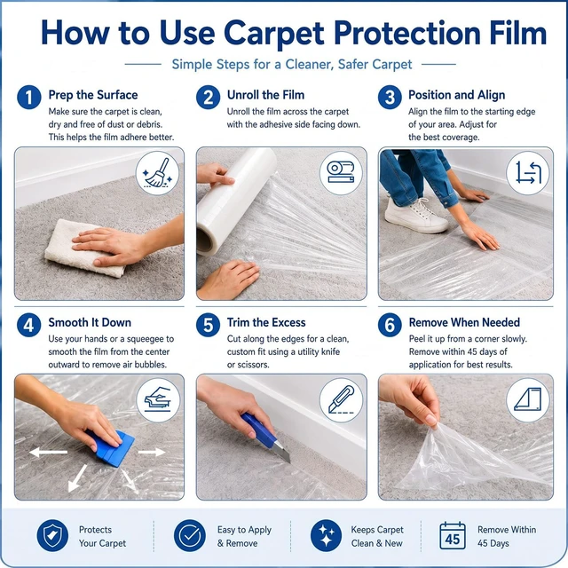 Alt view image 4 of 6 - 36 Inch X 500 ft Carpet Plastic Protection Film, Transparent Self-adhesive Floors Protector, Heavy Duty Tear Resistant Design for Stairs Rugs Runner Hallways and Pets Moving/renovation