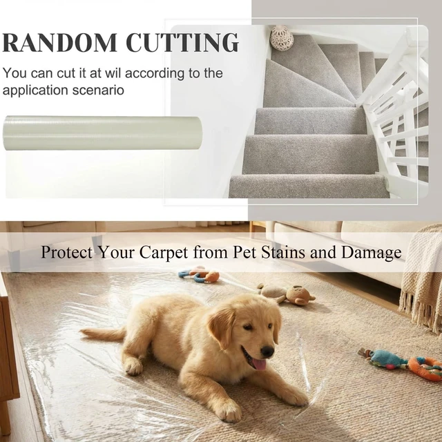 Alt view image 5 of 6 - 36 Inch X 500 ft Carpet Plastic Protection Film, Transparent Self-adhesive Floors Protector, Heavy Duty Tear Resistant Design for Stairs Rugs Runner Hallways and Pets Moving/renovation