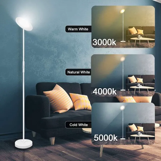 Alt view image 3 of 7 - LED Torchiere Floor Lamp with Remote, Stepless Dimmable Pearl White Super bright uplight fills ceilings and dark corners for living rooms, bedrooms, home offices, reading nooks and apartments