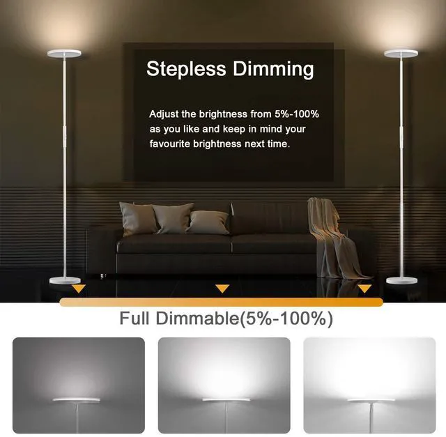 Alt view image 7 of 7 - LED Torchiere Floor Lamp with Remote, Stepless Dimmable Pearl White Super bright uplight fills ceilings and dark corners for living rooms, bedrooms, home offices, reading nooks and apartments