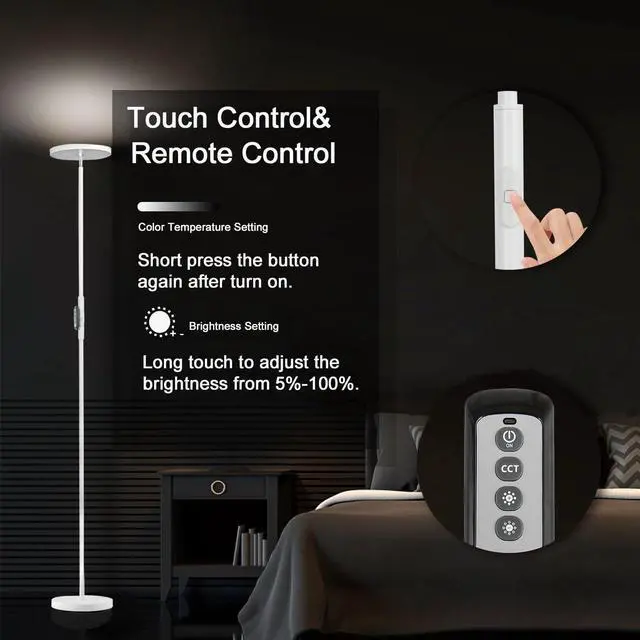Alt view image 6 of 7 - LED Torchiere Floor Lamp with Remote, Stepless Dimmable Pearl White Super bright uplight fills ceilings and dark corners for living rooms, bedrooms, home offices, reading nooks and apartments