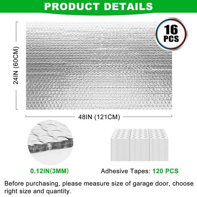 Alt view image 2 of 7 - 16P Garage Door Insulation Kit Panels 3MM 16x8FT for Double Garage Door, Pre-Cut Bubble Reflective Aluminum Foil Sheet 120 Tape, DIY Install Temperature Control Block Summer Heat & Winter Cold(24x48)
