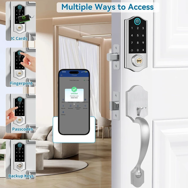 Alt view image 2 of 7 - Fingerprint Smart Door Lock Front Door with Handle Set App Control Keyless Entry Keyless Deadbolt, Digital Electronic Touchscreen Keypad, Auto Lock, Satin Nickel