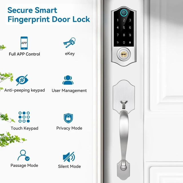 Alt view image 3 of 7 - Fingerprint Smart Door Lock Front Door with Handle Set App Control Keyless Entry Keyless Deadbolt, Digital Electronic Touchscreen Keypad, Auto Lock, Satin Nickel