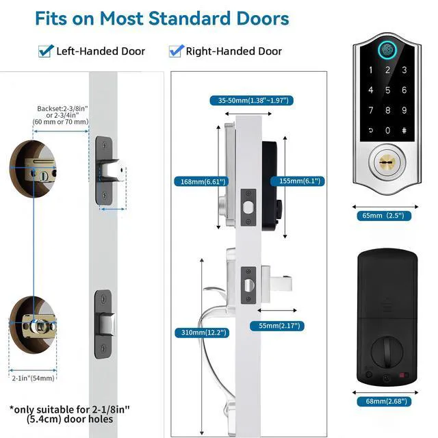 Alt view image 7 of 7 - Fingerprint Smart Door Lock Front Door with Handle Set App Control Keyless Entry Keyless Deadbolt, Digital Electronic Touchscreen Keypad, Auto Lock, Satin Nickel