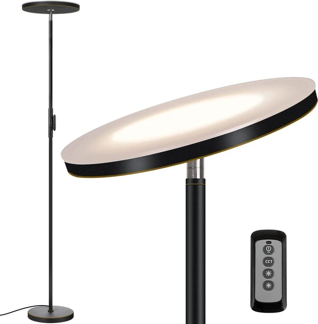 Main image of LED Torchiere Floor Lamp with Remote, Stepless Dimmable, Black Gold Super bright uplight fills ceilings and dark corners for living rooms, bedrooms, home offices, reading nooks and apartments