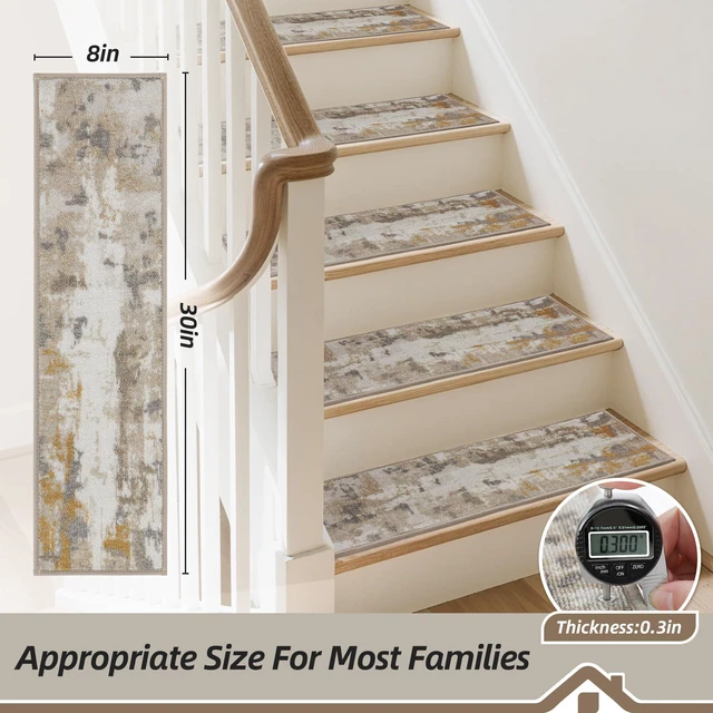 Alt view image 2 of 7 - Stair Treads for Wooden Steps, 8"X30", 15pcs, Beige/Grey Non-Slip Machine Washable Carpet Stair Treads, TPE Backing, 100% Polyester, Soft Indoor Stair Runner for Kids Elders and Pets