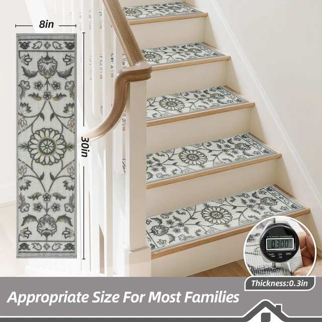 Alt view image 2 of 7 - Stair Treads for Wooden Steps, 8"X30", 15pcs, Grey Non-Slip Machine Washable Carpet Stair Treads, TPE Backing, 100% Polyester, Soft Indoor Stair Runner for Kids Elders and Pets