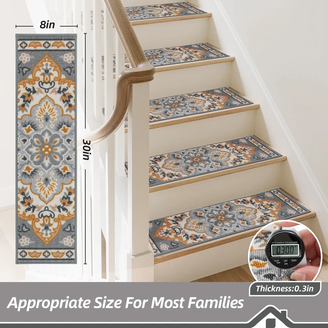 Alt view image 2 of 7 - Stair Treads for Wooden Steps, 8"X30", 15pcs, Grey/Orange Non-Slip Machine Washable Carpet Stair Treads, TPE Backing, 100% Polyester, Soft Indoor Stair Runner for Kids Elders and Pets