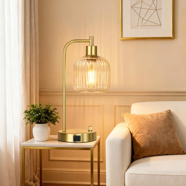 Alt view image 6 of 7 - Clear Glass Table Lamps Set of 2, Dimmable Bedside Lamps for Living Room USB A+C Charging Ports, Stepless Dimmable, Brushed Gold, 2 Dimmable LED Bulbs, Thickened Vintage Clear Glass Lampshade