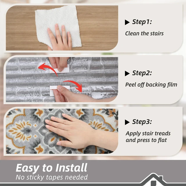 Alt view image 5 of 7 - Stair Treads for Wooden Steps, 8"X30", 15pcs, Grey/Orange Non-Slip Machine Washable Carpet Stair Treads, TPE Backing, 100% Polyester, Soft Indoor Stair Runner for Kids Elders and Pets