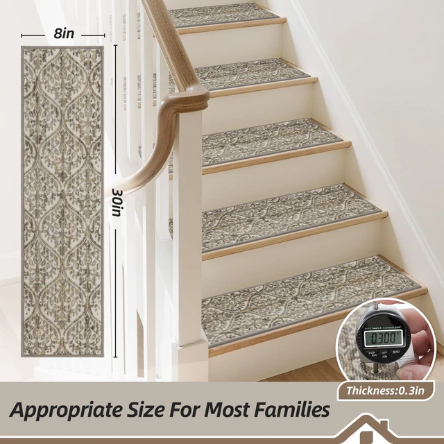Alt view image 2 of 7 - Stair Treads for Wooden Steps, 8"X30", 15pcs, Beige/Malt Yellow Non-Slip Machine Washable Carpet Stair Treads, TPE Backing, 100% Polyester, Soft Indoor Stair Runner for Kids Elders and Pets