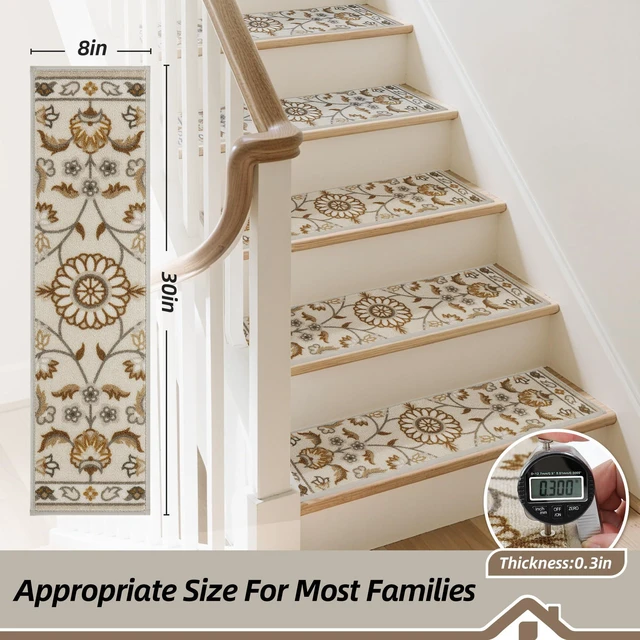 Alt view image 2 of 7 - Stair Treads for Wooden Steps, 8"X30", 15pcs, Brown/Grey Non-Slip Machine Washable Carpet Stair Treads, TPE Backing, 100% Polyester, Soft Indoor Stair Runner for Kids Elders and Pets