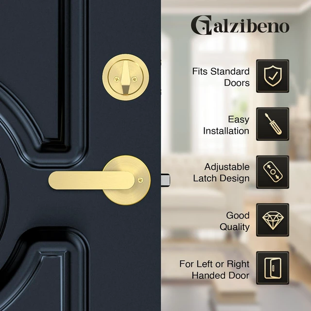 Alt view image 2 of 7 - Front Door Lock Set, Gold Front Door Handle and Deadbolt Set, Vintage Exterior Door Lock Set, Front Door Handle with Single Cylinder, Reversible for Right & Left, Satin Brass