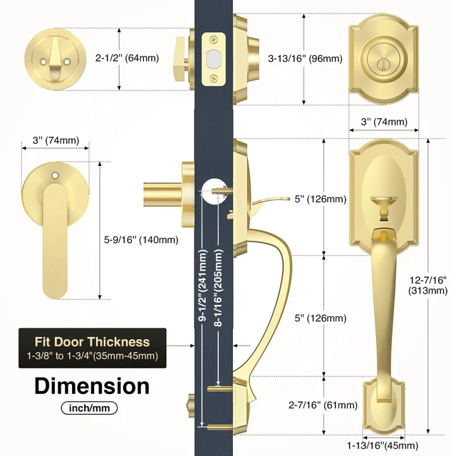 Alt view image 3 of 7 - Front Door Lock Set, Gold Front Door Handle and Deadbolt Set, Vintage Exterior Door Lock Set, Front Door Handle with Single Cylinder, Reversible for Right & Left, Satin Brass