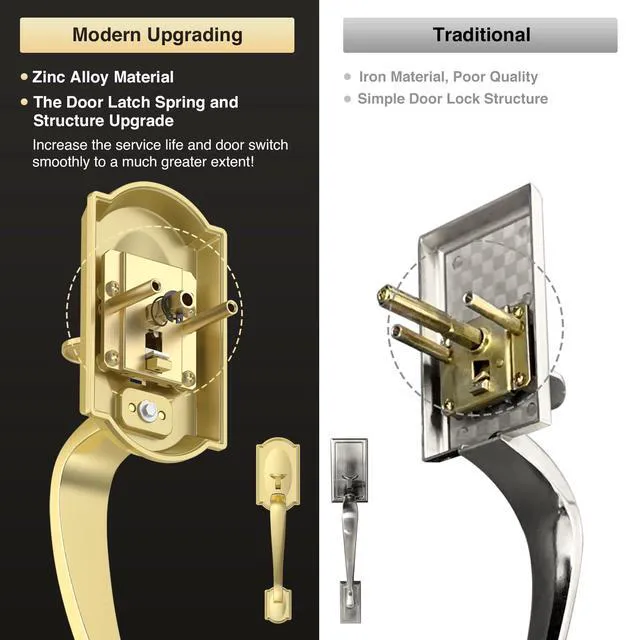 Alt view image 4 of 7 - Front Door Lock Set, Gold Front Door Handle and Deadbolt Set, Vintage Exterior Door Lock Set, Front Door Handle with Single Cylinder, Reversible for Right & Left, Satin Brass