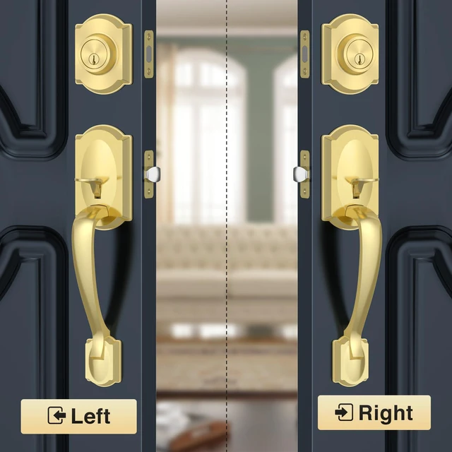 Alt view image 6 of 7 - Front Door Lock Set, Gold Front Door Handle and Deadbolt Set, Vintage Exterior Door Lock Set, Front Door Handle with Single Cylinder, Reversible for Right & Left, Satin Brass