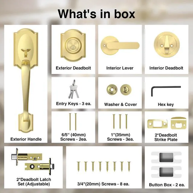 Alt view image 7 of 7 - Front Door Lock Set, Gold Front Door Handle and Deadbolt Set, Vintage Exterior Door Lock Set, Front Door Handle with Single Cylinder, Reversible for Right & Left, Satin Brass