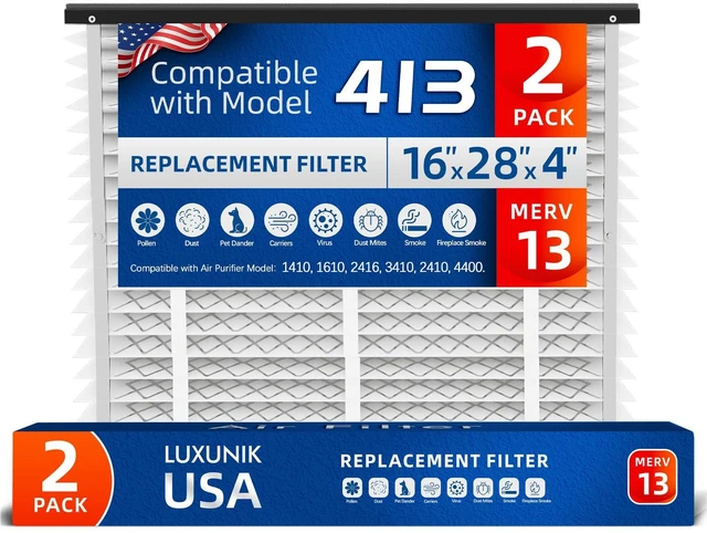 Main image of 413 MERV 13 Air Filter, 16x25x4, Compatible with AprilAire, 2-Pack 2-Pack Actual size 16.04 x 27.91 x 3.91 in; fits AprilAire 1410, 1610, 2410, 2416, 3410 and 4400; not for 1413 kits