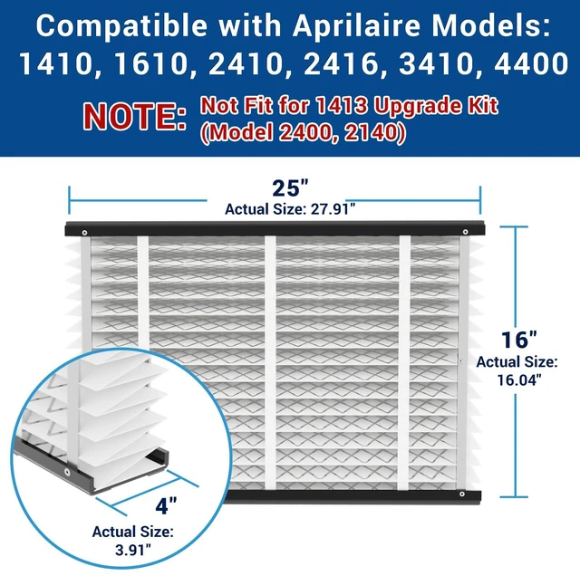 Alt view image 2 of 6 - 413 MERV 13 Air Filter, 16x25x4, Compatible with AprilAire, 2-Pack 2-Pack Actual size 16.04 x 27.91 x 3.91 in; fits AprilAire 1410, 1610, 2410, 2416, 3410 and 4400; not for 1413 kits
