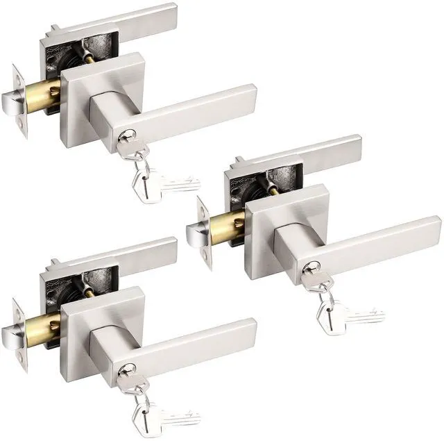 Main image of Entry Door Levers Brushed Nickel with Different Keys, Heavy Duty Hardware for Exterior Front and Back Door,Lockable, Keyed Entrance Lock,Universal Handling,Transitional Style, 3 Pack