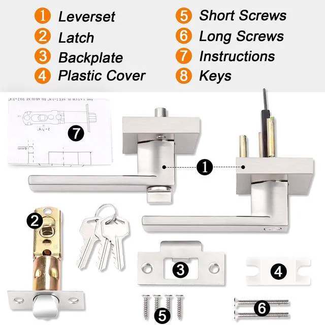 Alt view image 6 of 7 - Entry Door Levers Brushed Nickel with Different Keys, Heavy Duty Hardware for Exterior Front and Back Door,Lockable, Keyed Entrance Lock,Universal Handling,Transitional Style, 3 Pack