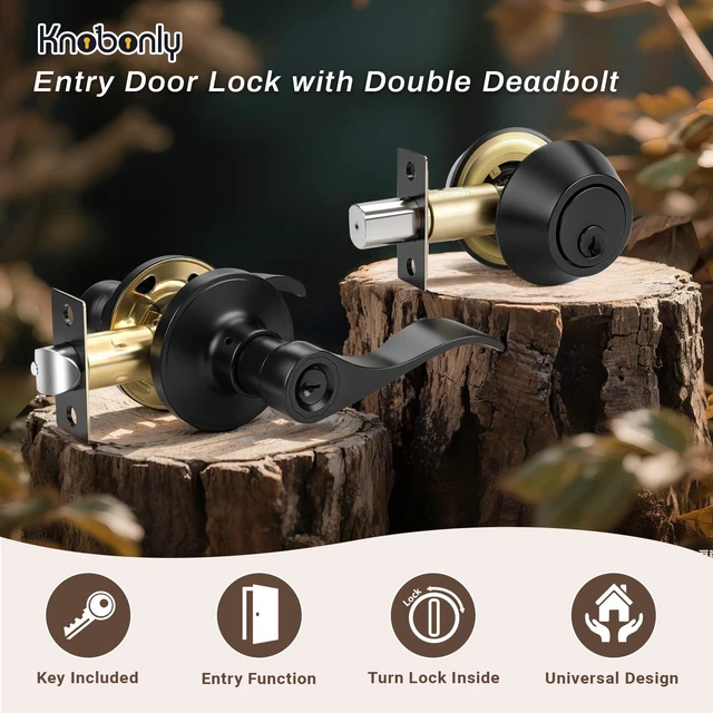 Alt view image 2 of 7 - 3 Set Entry Door Lever and Deadbolt Lock Set, Deadbolts Keyed Both Sides, All Keyed Same, Wave Style Front and Exterior Door Handleset with Double Cylinder, Matte Black Finish