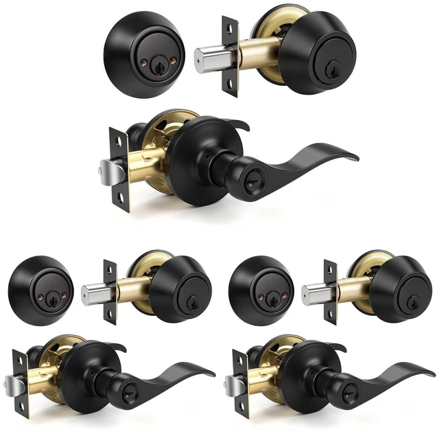 Main image of 3 Set Entry Door Lever and Deadbolt Lock Set, Deadbolts Keyed Both Sides, All Keyed Same, Wave Style Front and Exterior Door Handleset with Double Cylinder, Matte Black Finish