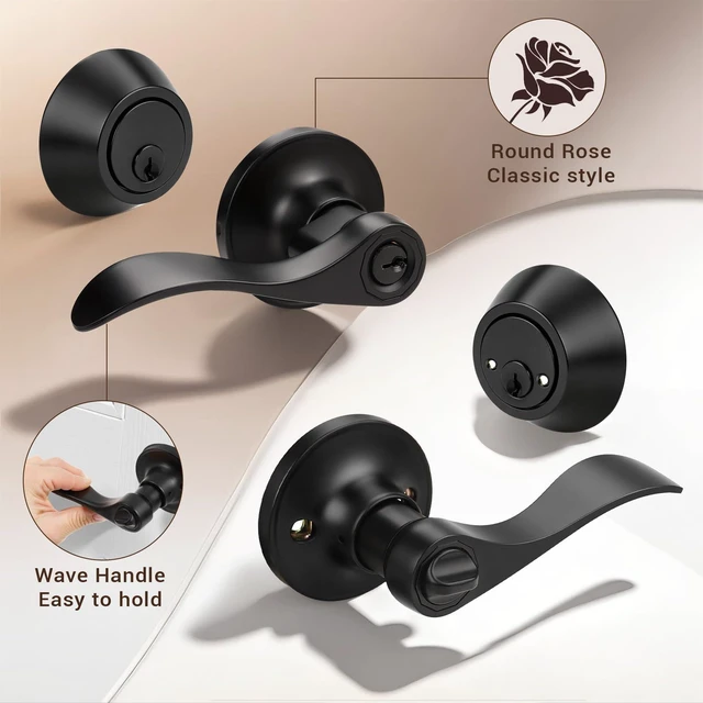 Alt view image 3 of 7 - 3 Set Entry Door Lever and Deadbolt Lock Set, Deadbolts Keyed Both Sides, All Keyed Same, Wave Style Front and Exterior Door Handleset with Double Cylinder, Matte Black Finish