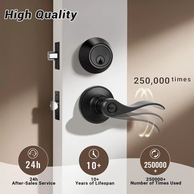 Alt view image 4 of 7 - 3 Set Entry Door Lever and Deadbolt Lock Set, Deadbolts Keyed Both Sides, All Keyed Same, Wave Style Front and Exterior Door Handleset with Double Cylinder, Matte Black Finish