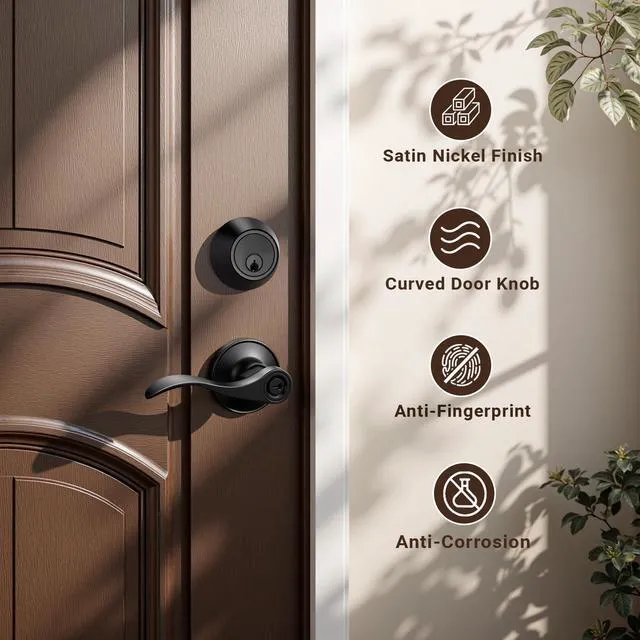 Alt view image 5 of 7 - 3 Set Entry Door Lever and Deadbolt Lock Set, Deadbolts Keyed Both Sides, All Keyed Same, Wave Style Front and Exterior Door Handleset with Double Cylinder, Matte Black Finish
