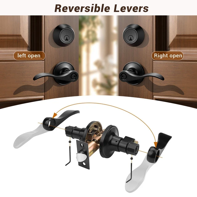 Alt view image 6 of 7 - 3 Set Entry Door Lever and Deadbolt Lock Set, Deadbolts Keyed Both Sides, All Keyed Same, Wave Style Front and Exterior Door Handleset with Double Cylinder, Matte Black Finish