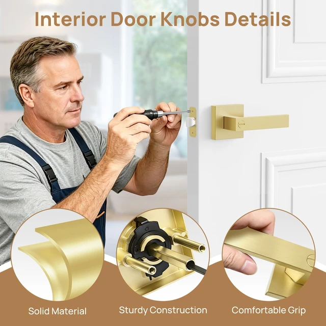 Alt view image 5 of 7 - 6 Pack Door Handle Privacy Door Levers, Heavy Duty Keyless Door Handles Interior Door Knobs for Bedroom, Bathroom, Waterproof Zinc Alloy Door Lock for Left & Right Handled Doors (Gold Finish)