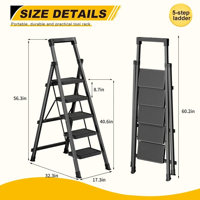 Alt view image 2 of 7 - 5 Step Ladder with Platform Lightweight Folding Step Stool No Assembly Protable Step Ladders with Anti-Slip Widen Pedals,Tool Tray,Safe-Lock Design,Tall Kitchen/Closet Step Ladder for Adults