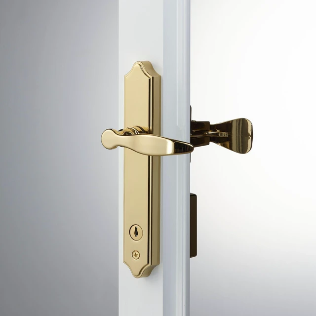 Alt view image 6 of 7 - 1216 Surface Mount Storm Door Handle with Lock and Key for 1 1 ½ inches Thick Doors (Bright Brass, 4-Posts)