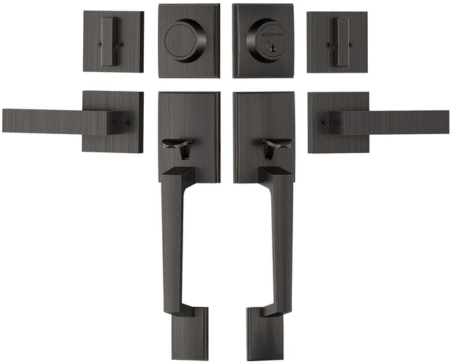 Main image of Double Front Door Handle Set, Heavy Duty Square Door Lever and Single Cylinder Deadbolt Combo for Side by Side Entrance Exterior Doors (Oil Rubbed Bronze)