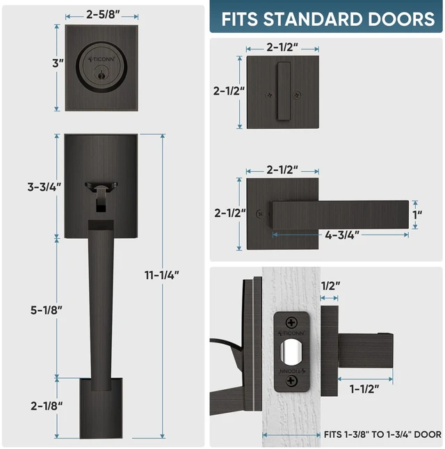 Alt view image 2 of 7 - Double Front Door Handle Set, Heavy Duty Square Door Lever and Single Cylinder Deadbolt Combo for Side by Side Entrance Exterior Doors (Oil Rubbed Bronze)