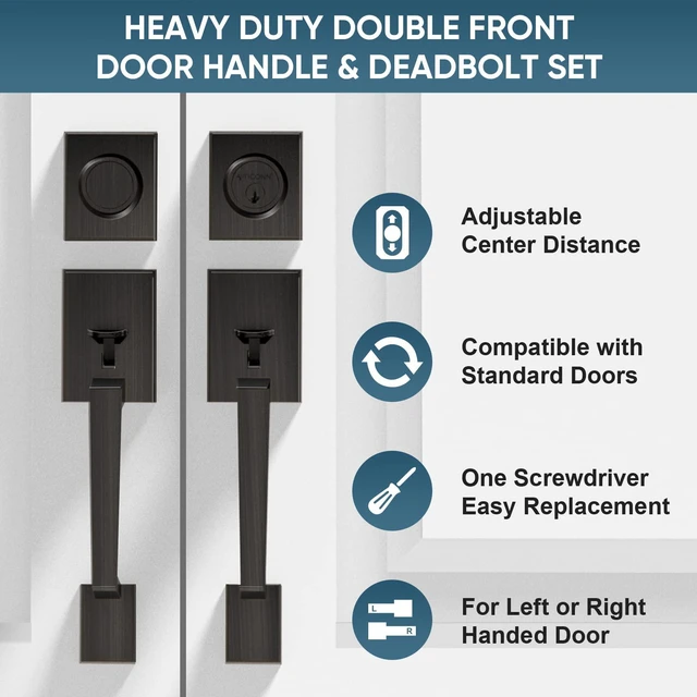 Alt view image 6 of 7 - Double Front Door Handle Set, Heavy Duty Square Door Lever and Single Cylinder Deadbolt Combo for Side by Side Entrance Exterior Doors (Oil Rubbed Bronze)