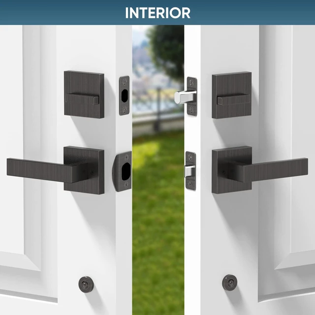 Alt view image 7 of 7 - Double Front Door Handle Set, Heavy Duty Square Door Lever and Single Cylinder Deadbolt Combo for Side by Side Entrance Exterior Doors (Oil Rubbed Bronze)