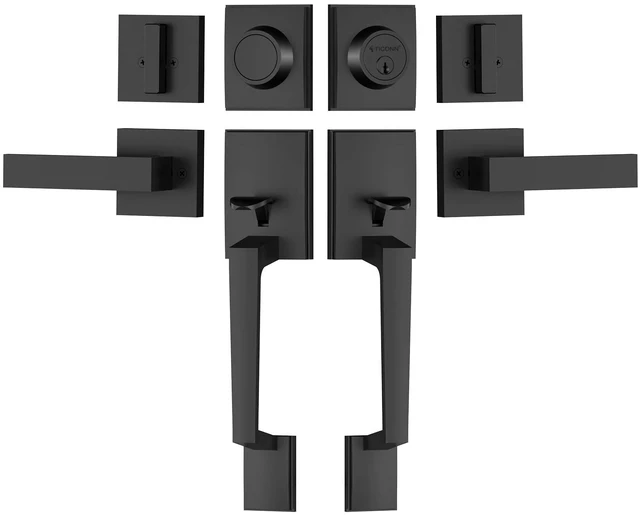 Main image of Double Front Door Handle Set, Heavy Duty Square Door Lever and Single Cylinder Deadbolt Combo for Side by Side Entrance Exterior Doors (Matte Black)