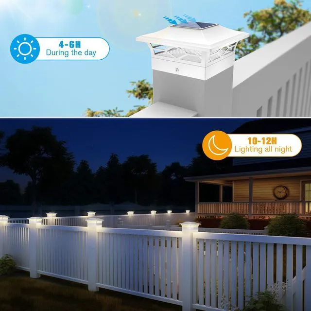 Alt view image 2 of 7 - Solar Fence Post Lights, Cap Lights for 4x4/5x5 Vinyl Fence and 4x4/6x6 Wooden Post, Warm White/Cool White Lighting, White Solar Cap Outdoor Waterproof Decorate Garden Pathway Dcek Patio